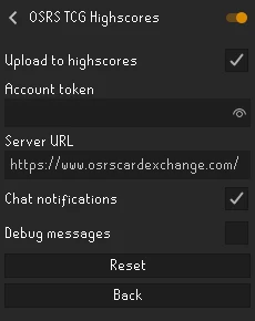 The OSRS TCG Highscores (thecardexchange) plugin settings panel in RuneLite, showing the Upload to highscores toggle, the Account token field, and the Server URL.